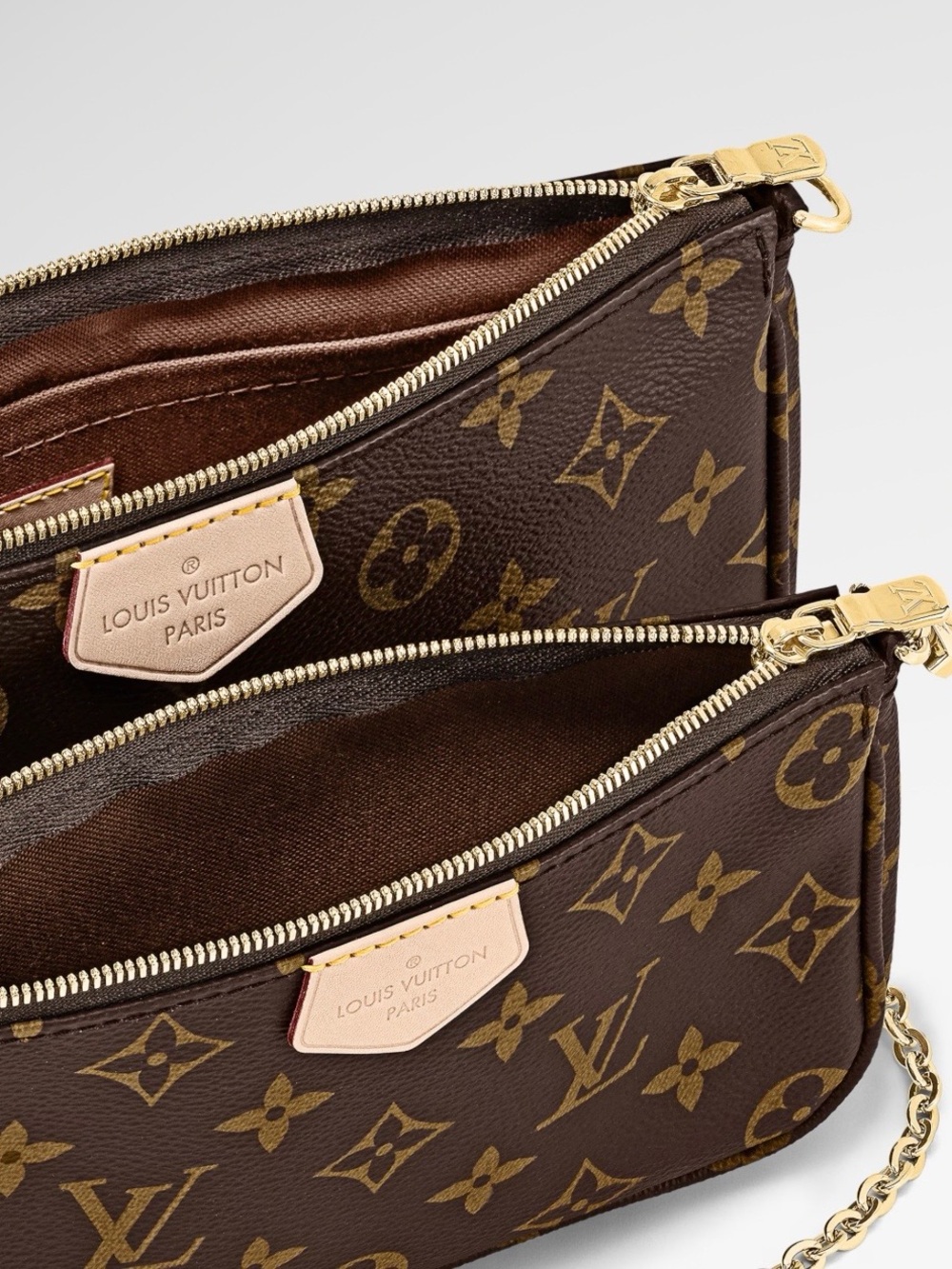 Louis Vuitton Brown Monogram Canvas Double Pouch Crossbody with Pink-Beige Tabs